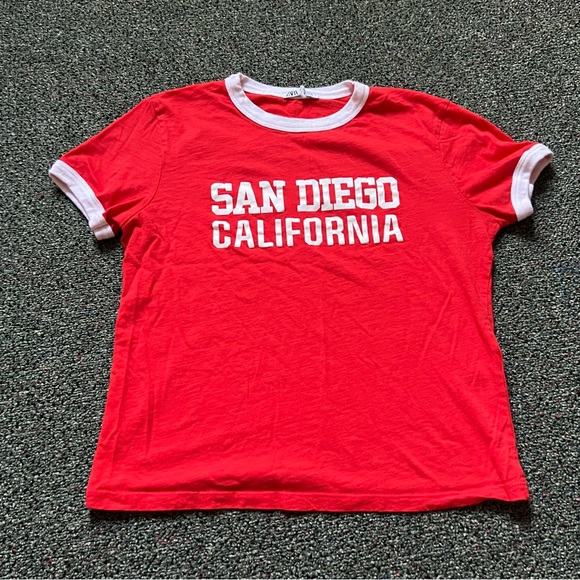 ZARA Red & White Varsity Baseball Graphic Short-Sleeve Ringer T-Shirt Shirt sz M - Picture 2 of 16